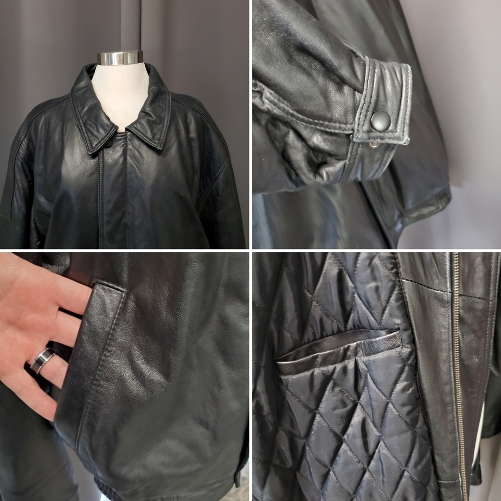 Vintage 90s y2k Black Leather Car Coat‎ Racer Racing Moto Bomber Jacket XXL - Picture 4 of 6